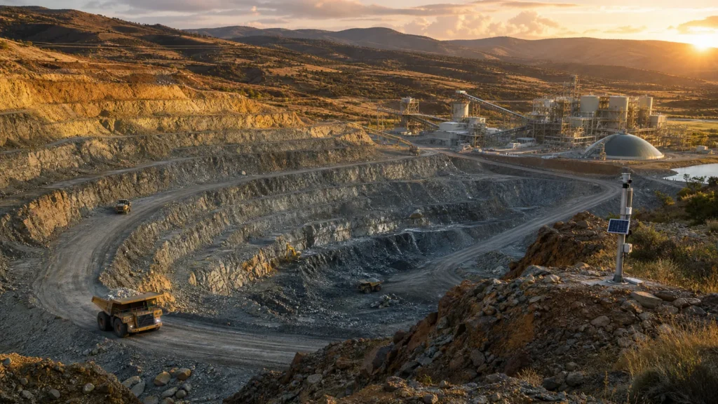 Modern open-pit gold mine and processing plant illustrating gold mining methods