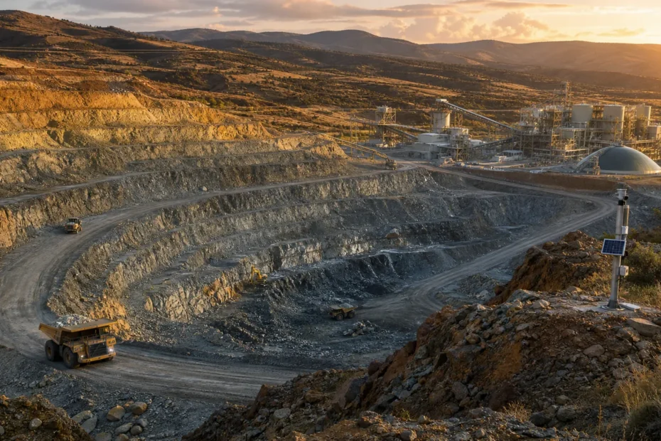 Modern open-pit gold mine and processing plant illustrating gold mining methods