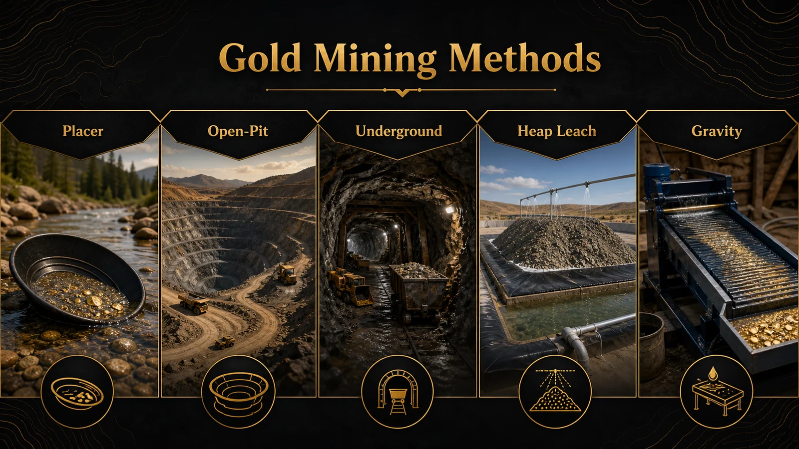 Infographic comparing placer, open-pit, underground, heap leach, and gravity gold mining methods