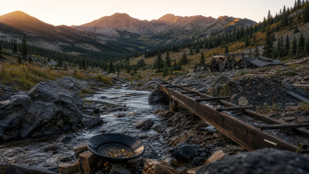 Historic Montana gold mining creek with placer pan, sluice, and mountain geology