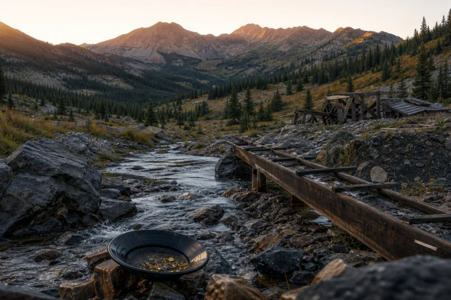 Historic Montana gold mining creek with placer pan, sluice, and mountain geology