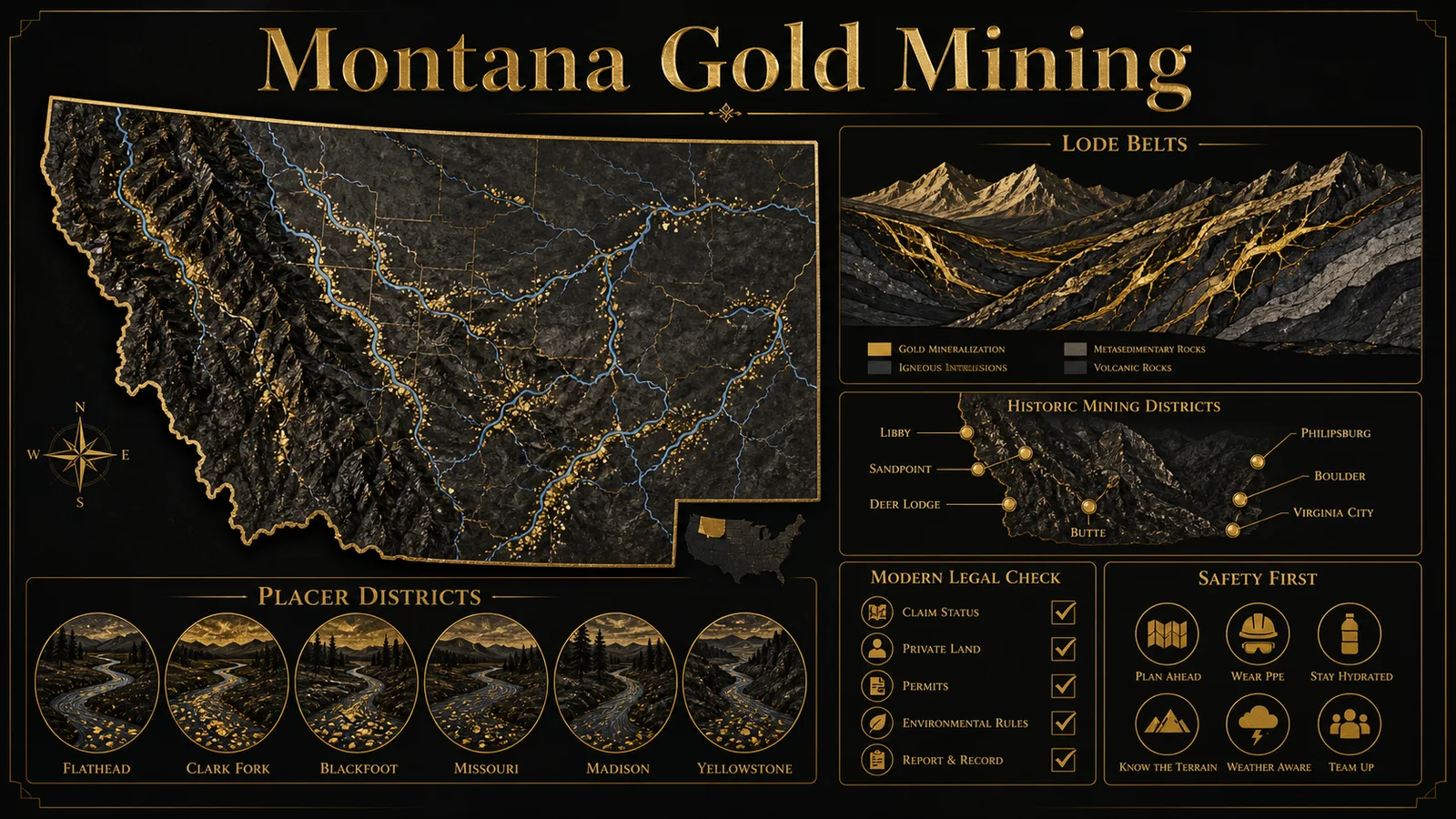 Infographic map and checklist for Montana gold mining districts, geology, and modern prospecting rules