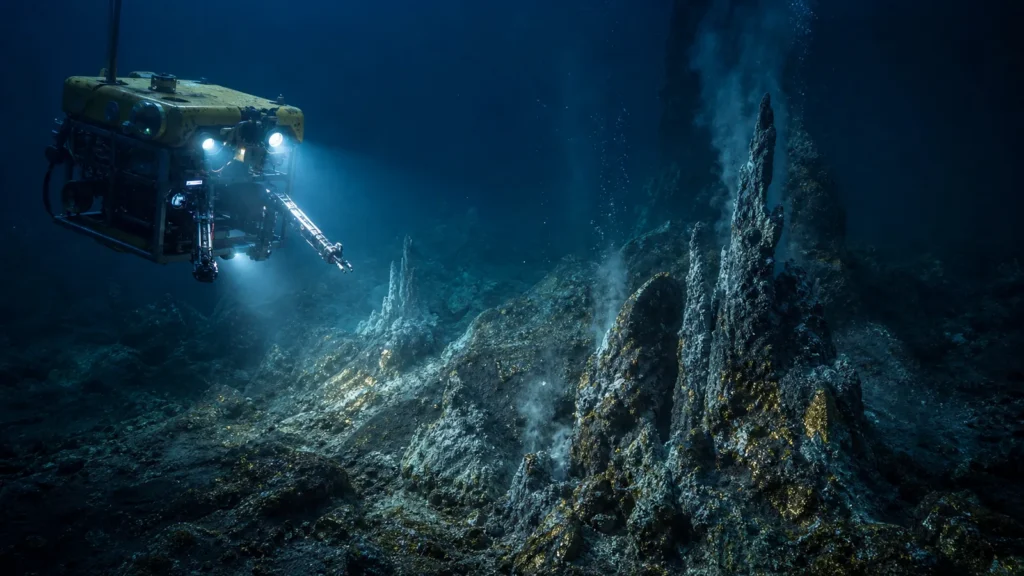 ROV surveying deep-sea mineral deposits for underwater gold mining research