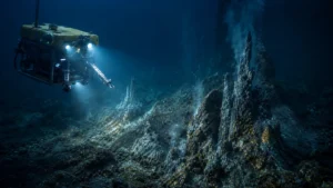 ROV surveying deep-sea mineral deposits for underwater gold mining research