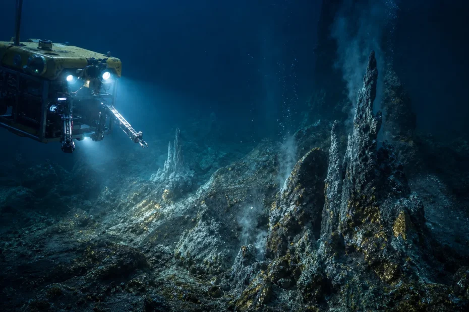 ROV surveying deep-sea mineral deposits for underwater gold mining research