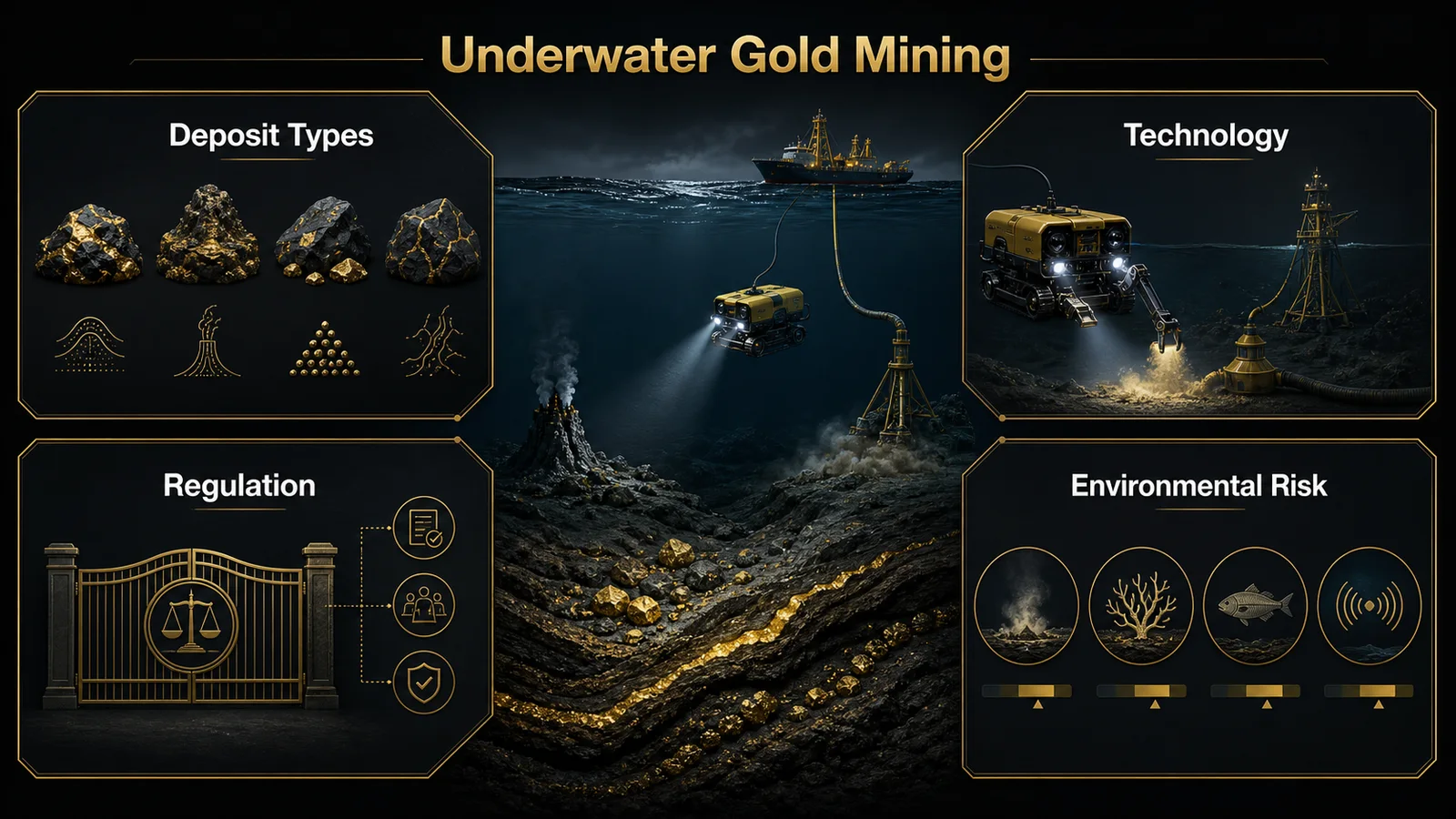 Infographic showing underwater gold mining deposit types technology regulation and environmental risk