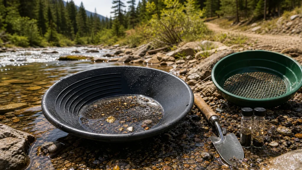 Gold panning kit on a mountain creek gravel bar