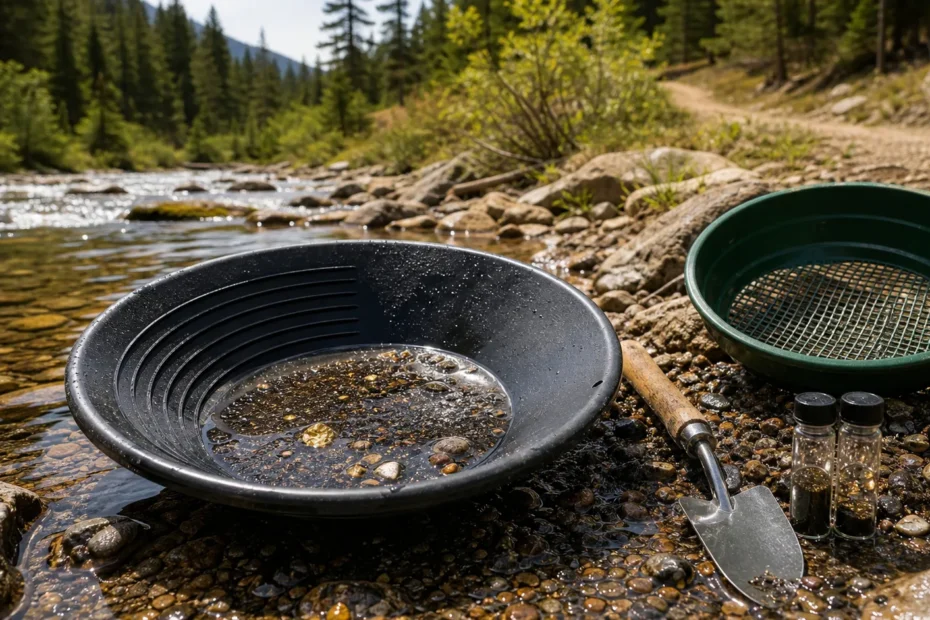 Gold panning kit on a mountain creek gravel bar