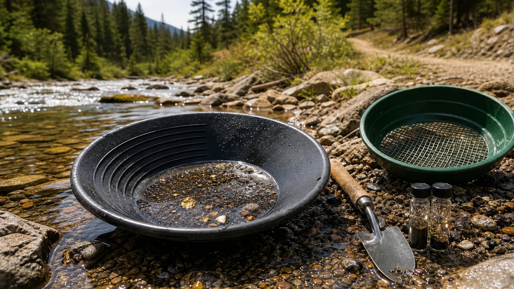 Gold panning kit on a mountain creek gravel bar