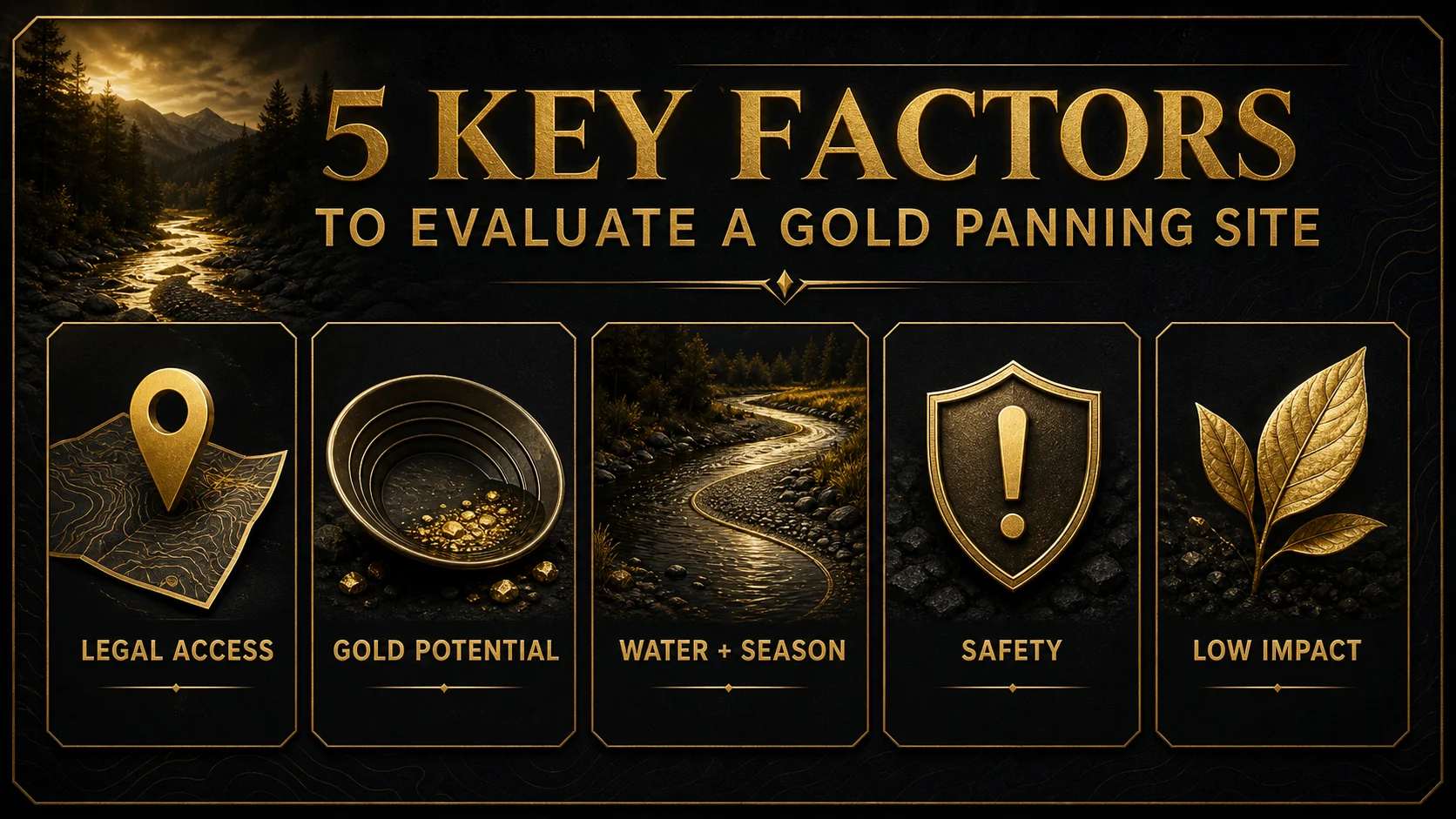 Infographic showing five factors for evaluating a gold panning site