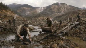 Gold Rush era miners using pans, rocker boxes, and sluices in a scarred river landscape