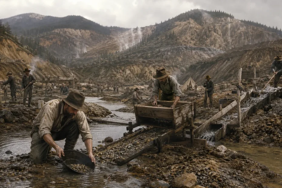 Gold Rush era miners using pans, rocker boxes, and sluices in a scarred river landscape