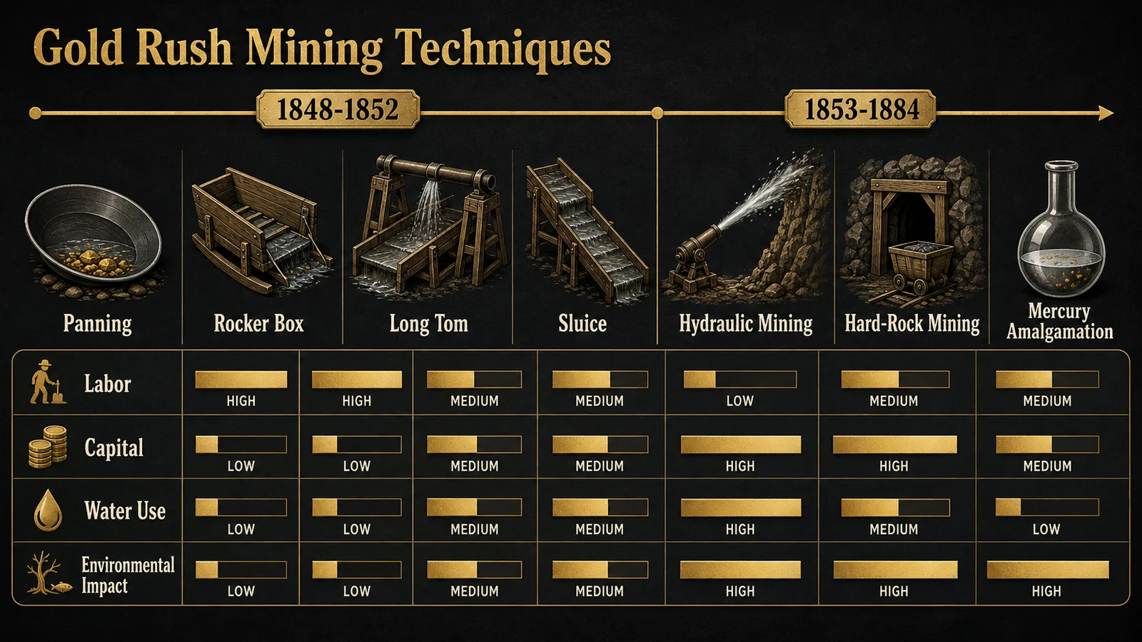 Timeline and impact comparison of Gold Rush mining techniques from panning to hydraulic and hard-rock mining