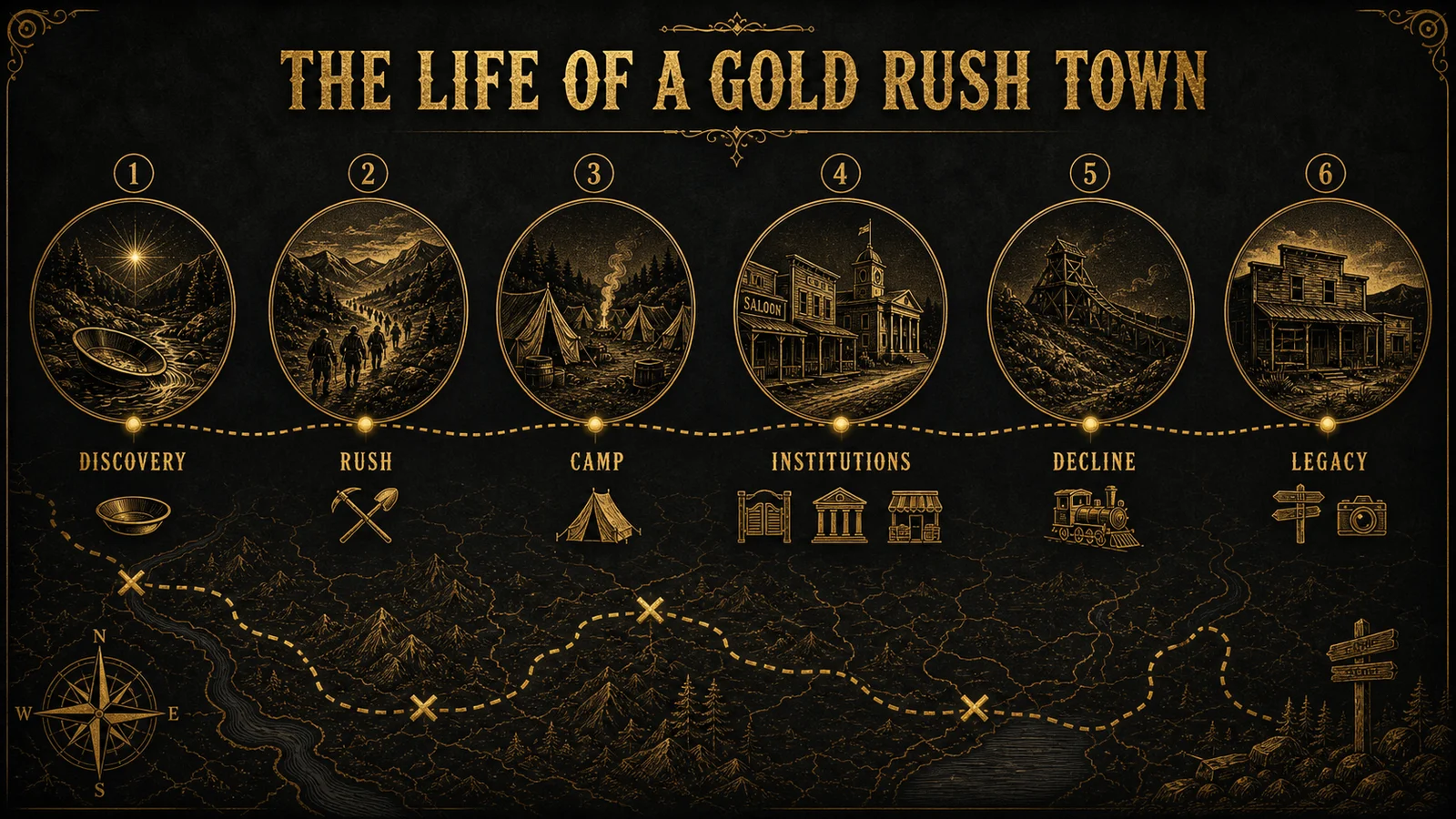 Timeline map style infographic showing the boomtown lifecycle from gold discovery to rush, institutions, decline, and legacy