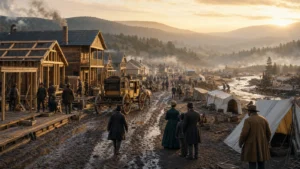 Historically grounded Gold Rush boomtown street with miners, merchants, families, and rough timber storefronts