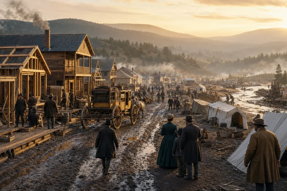 Historically grounded Gold Rush boomtown street with miners, merchants, families, and rough timber storefronts