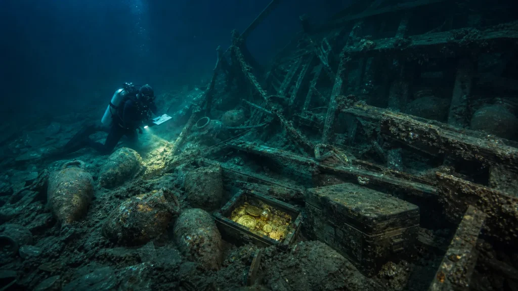 Archaeology diver documenting a gold shipwreck site underwater