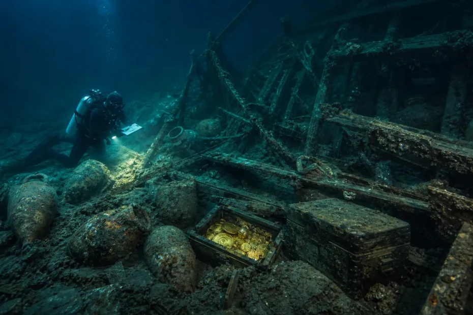 Archaeology diver documenting a gold shipwreck site underwater