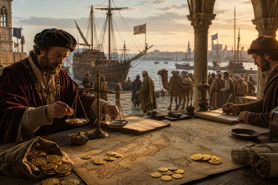 Medieval merchants weighing gold coins in a Mediterranean trade port