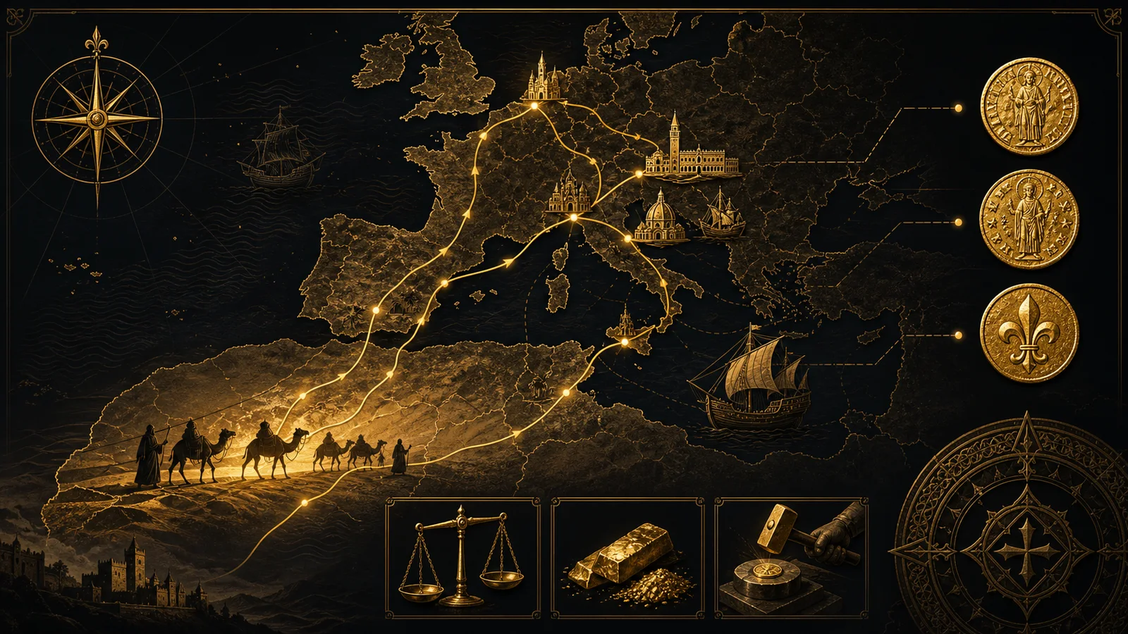 Infographic map of medieval gold routes from West Africa to European trading cities