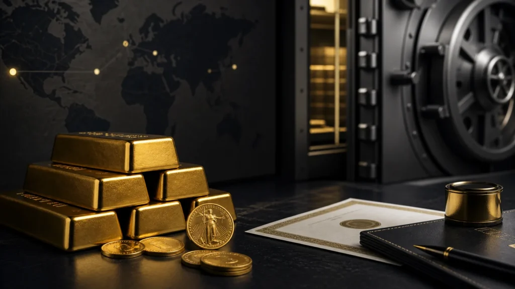 Gold bars and coins beside private vault storage documents