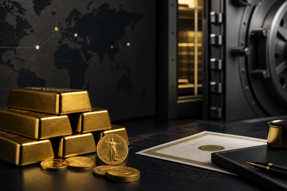 Gold bars and coins beside private vault storage documents
