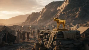 Golden calf statue in an ancient desert camp below a mountain