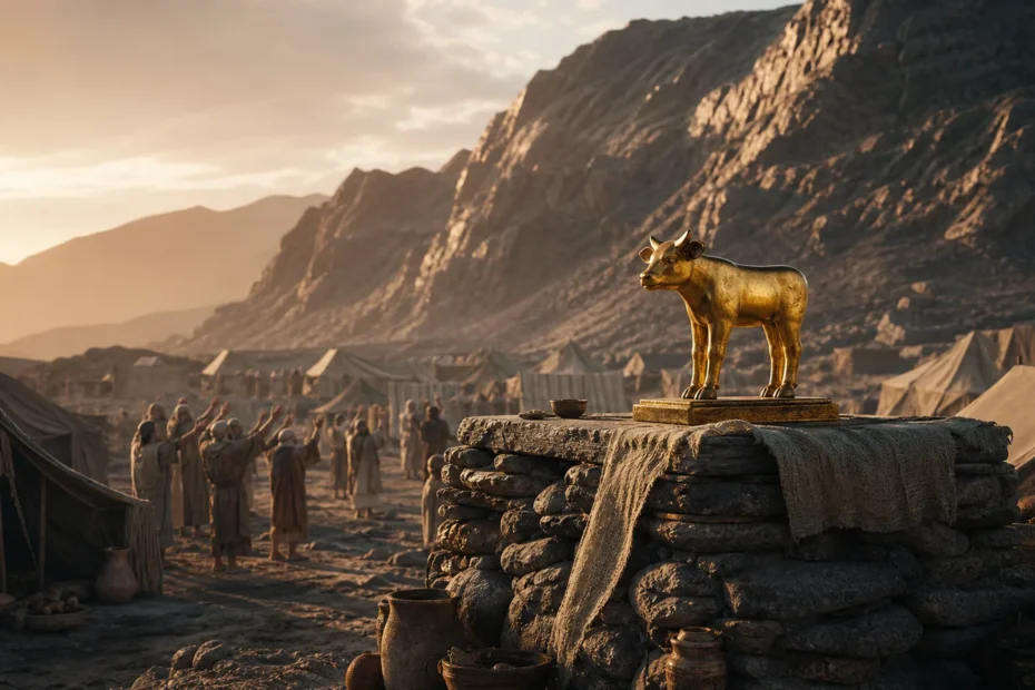 Golden calf statue in an ancient desert camp below a mountain