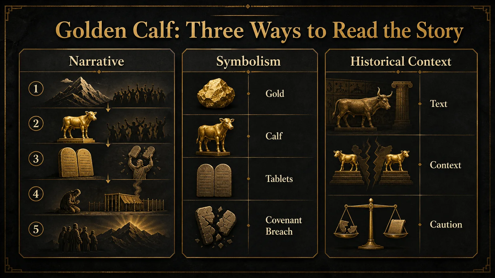 Infographic showing narrative symbolism and historical context for the Golden Calf story