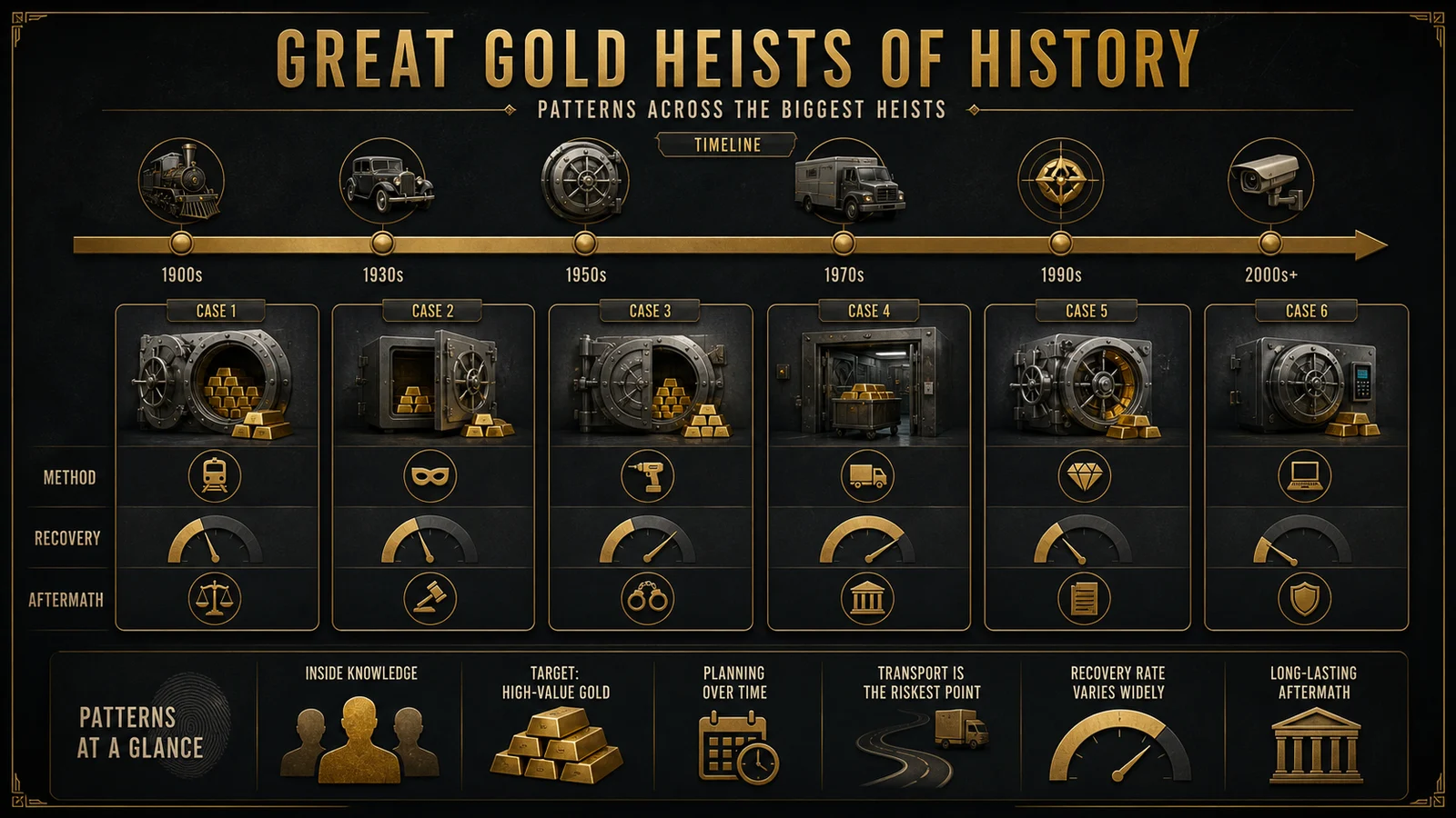 Infographic summarizing timeline, methods, recovery, and aftermath of major gold heists