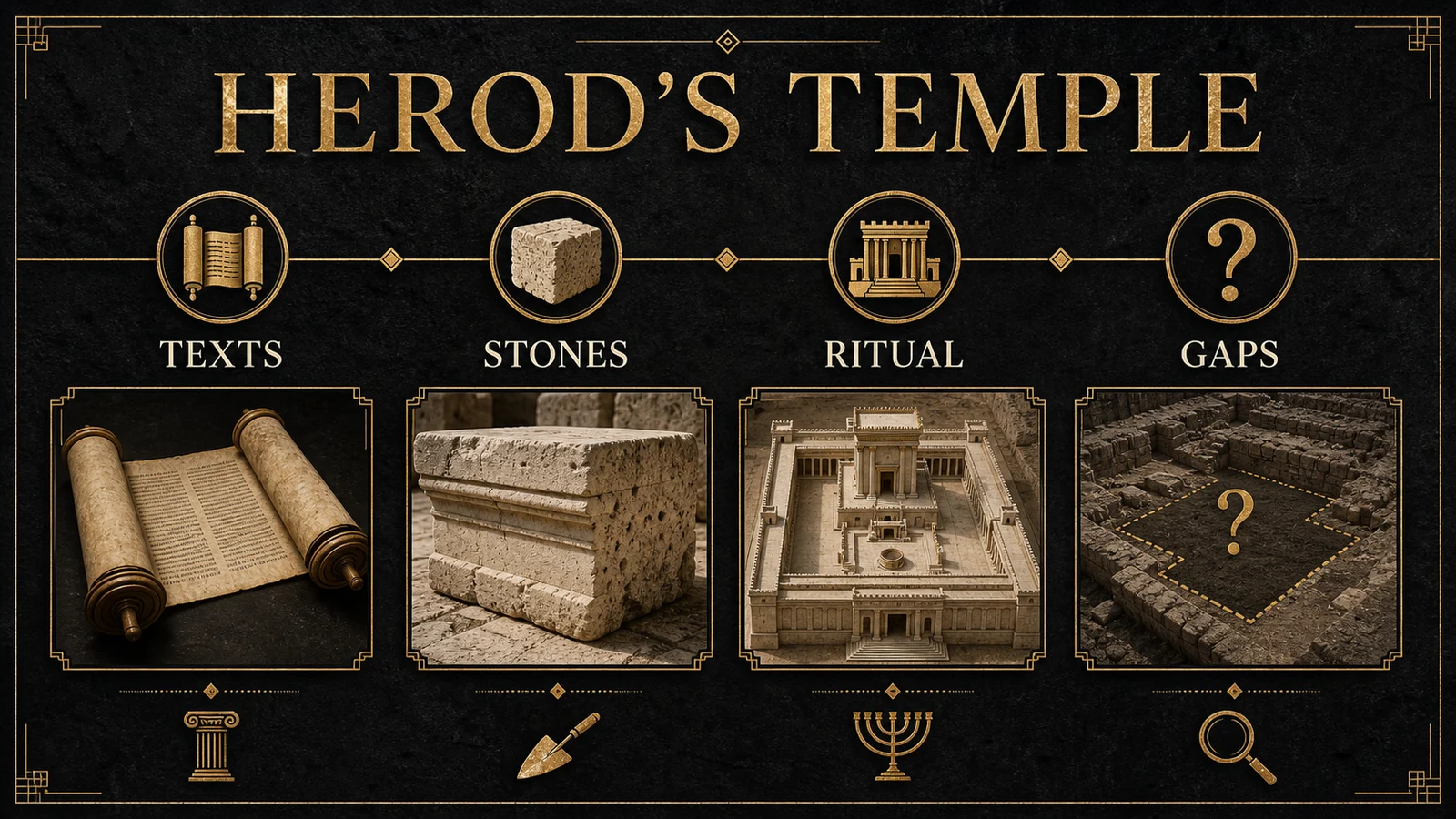 Infographic showing texts stones ritual and evidence gaps for Herod's Temple