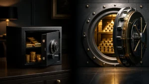 Open home safe with gold beside a professional private vault filled with gold bars