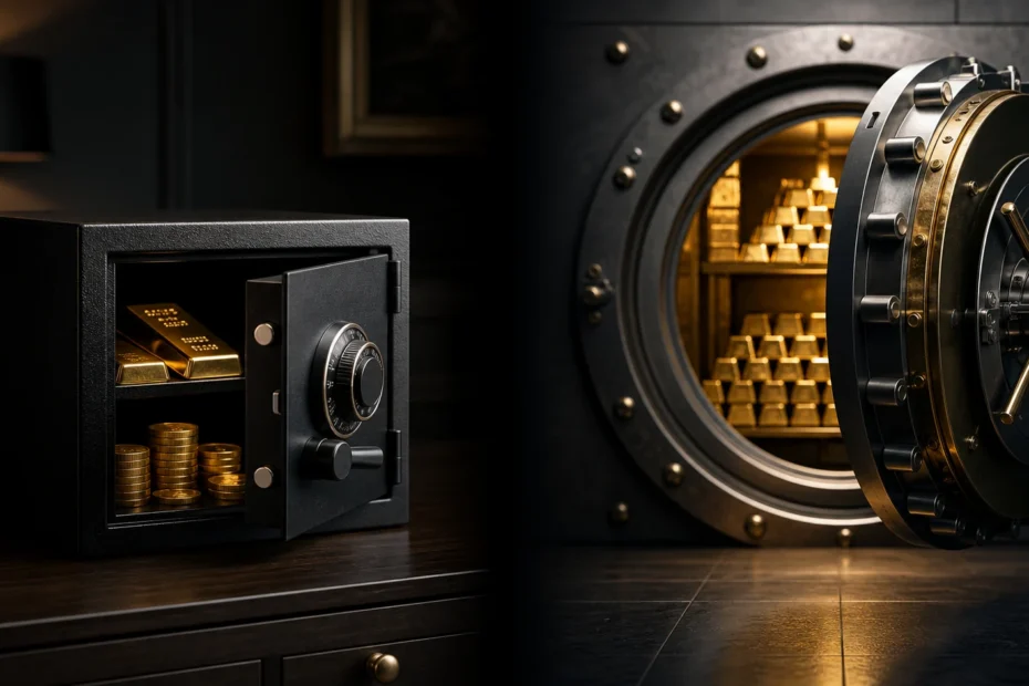 Open home safe with gold beside a professional private vault filled with gold bars