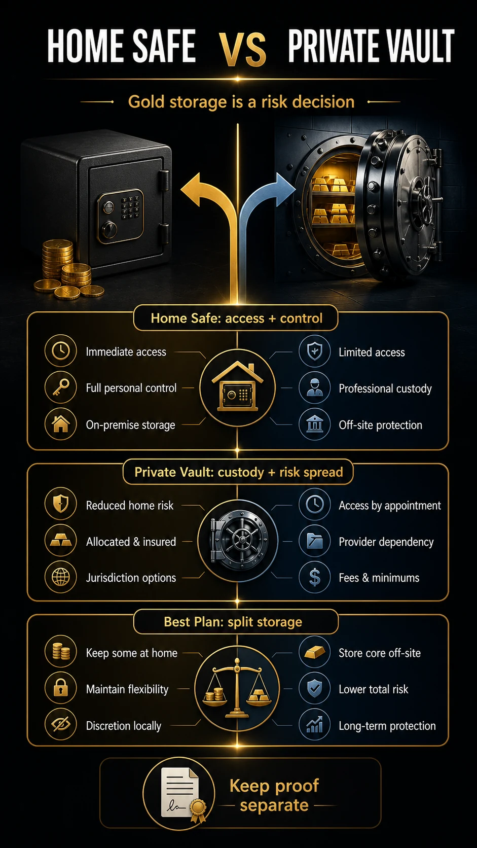 Infographic comparing home safe and private vault gold storage with a split-storage decision framework
