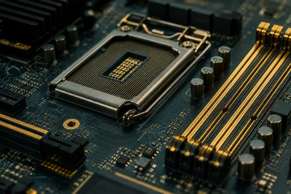 Gold-plated contacts on a computer motherboard and CPU socket