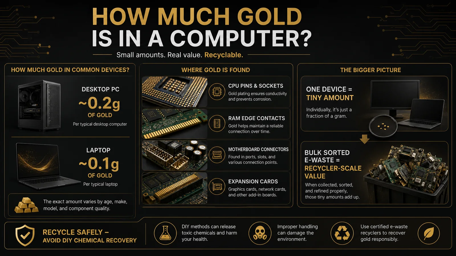Infographic showing typical gold content in desktop and laptop computers and safe e-waste recycling