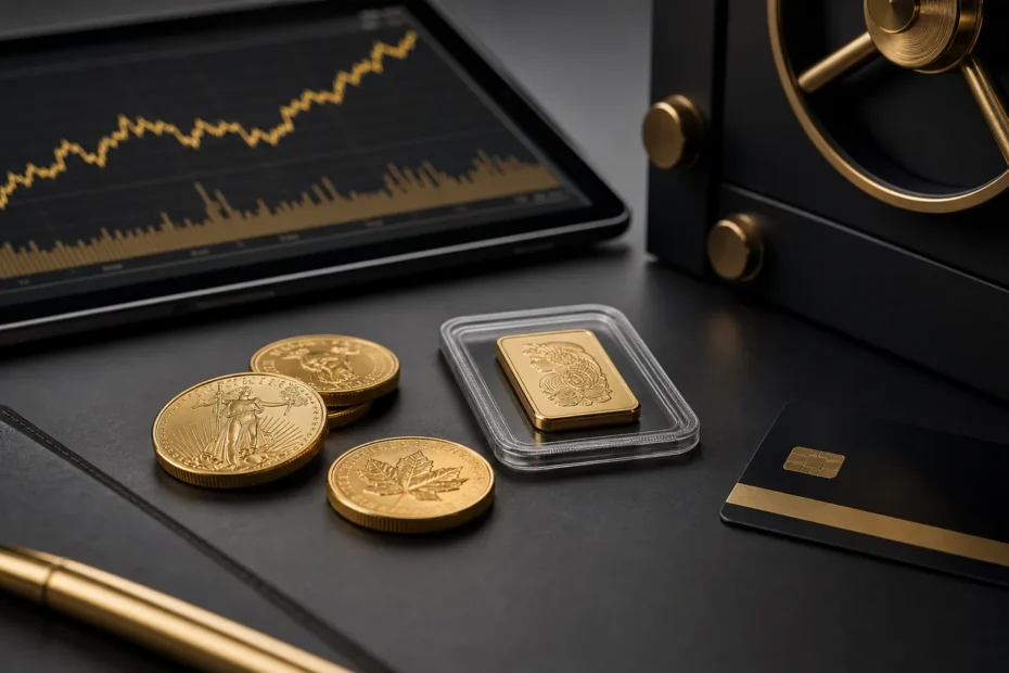Gold coins, a bullion bar, market chart, and vault access card for a gold investing guide