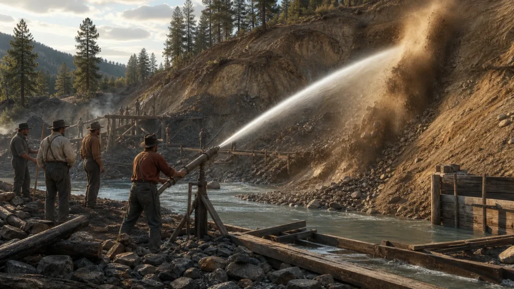 Hydraulic mining monitor blasting a Sierra Nevada gravel bank during the Gold Rush