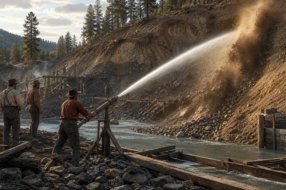 Hydraulic mining monitor blasting a Sierra Nevada gravel bank during the Gold Rush