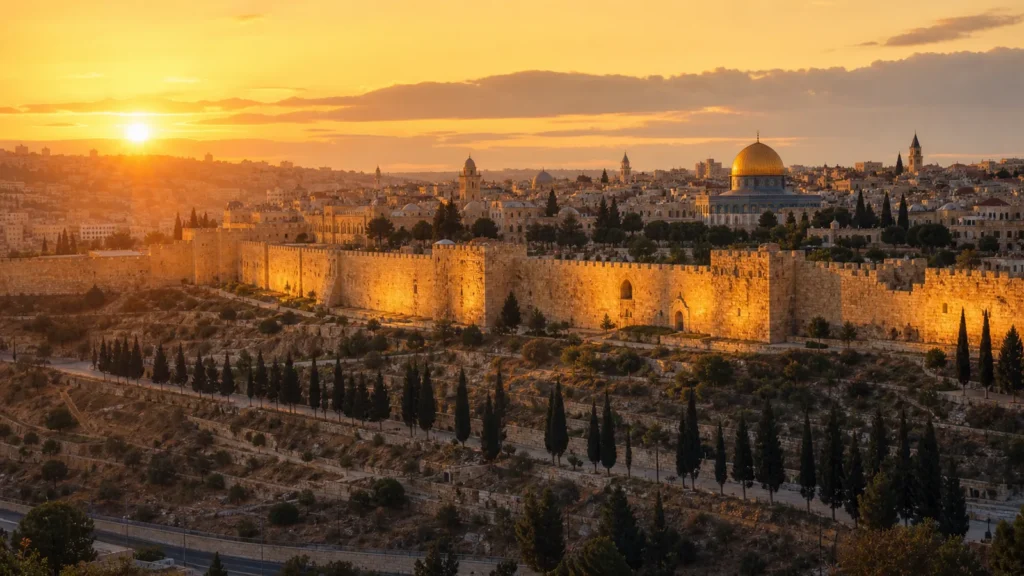 Golden sunrise over Jerusalem Old City walls