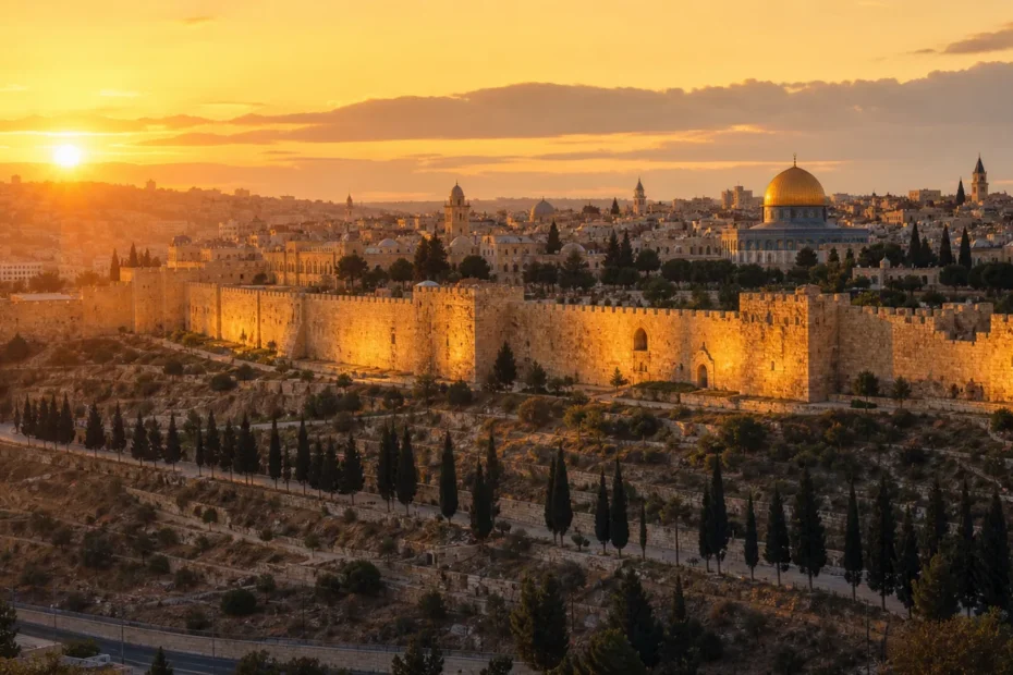 Golden sunrise over Jerusalem Old City walls