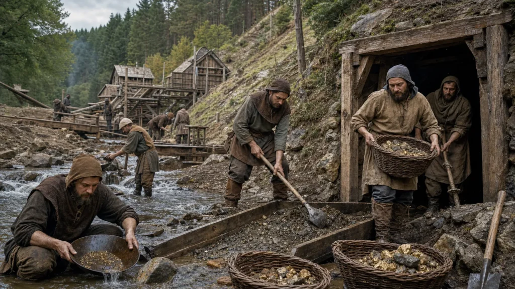 Medieval European miners panning gold beside a stream and working a timbered adit