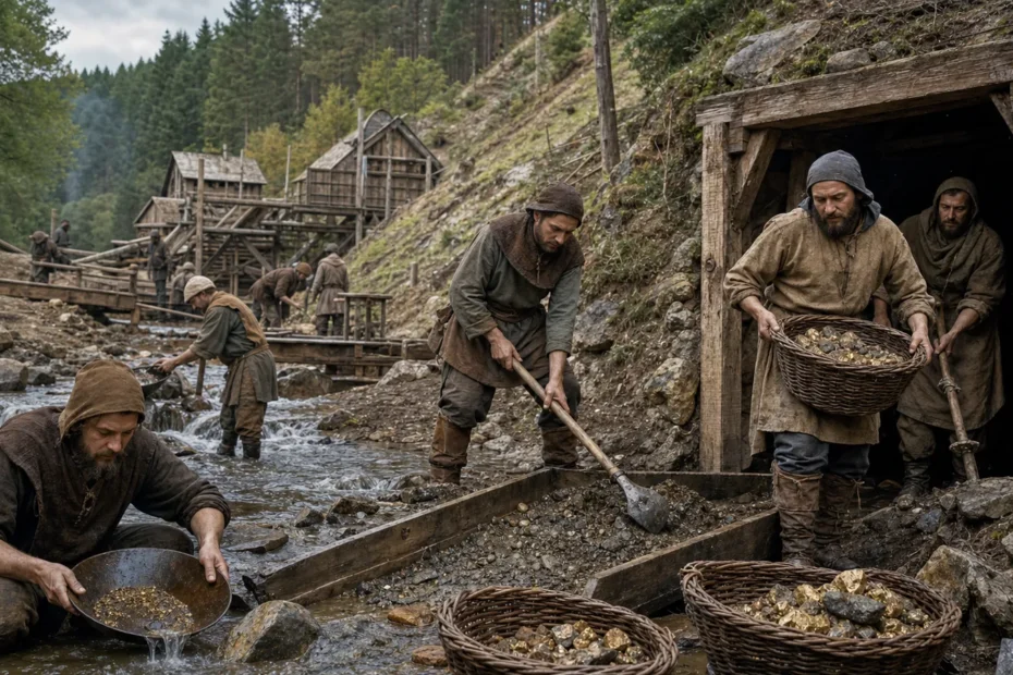 Medieval European miners panning gold beside a stream and working a timbered adit