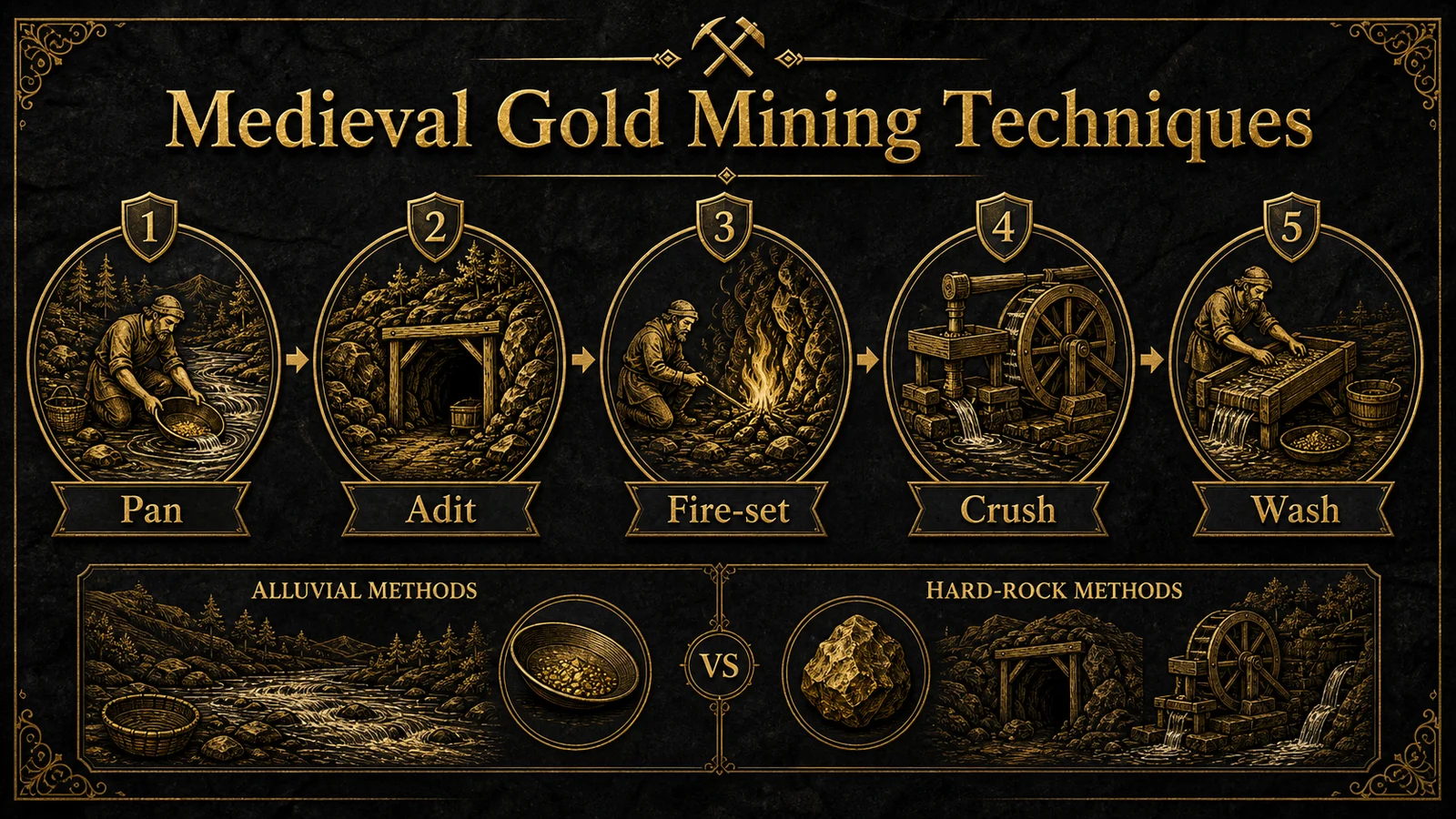 Infographic showing medieval gold mining steps: pan, adit, fire-set, crush, and wash