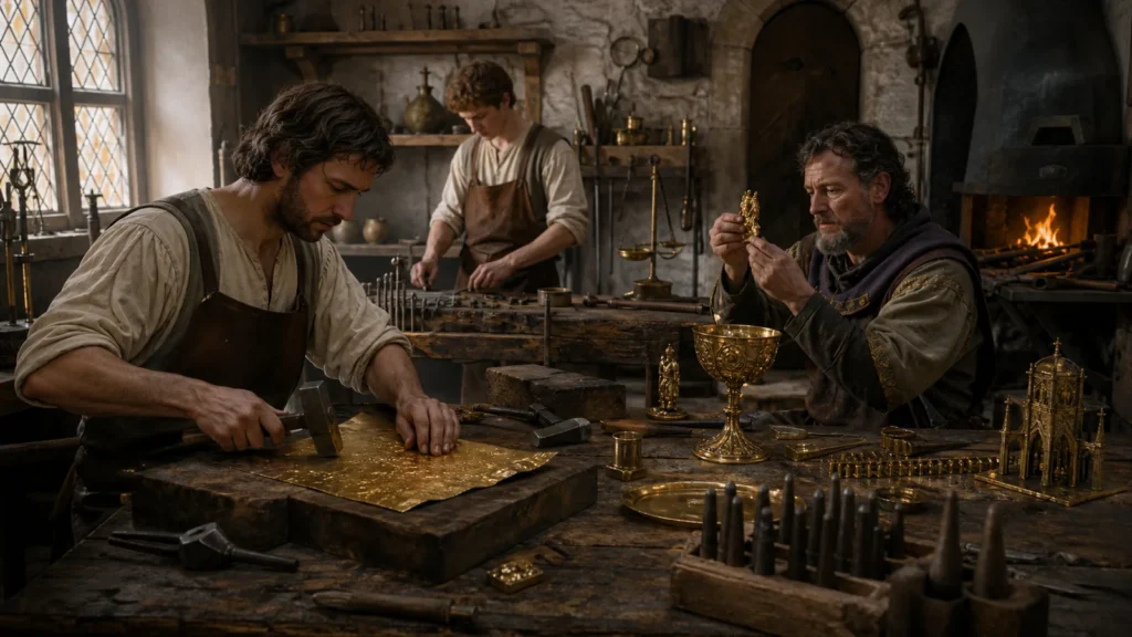 Medieval European goldsmith workshop with artisans hammering gold sheet and inspecting a chalice