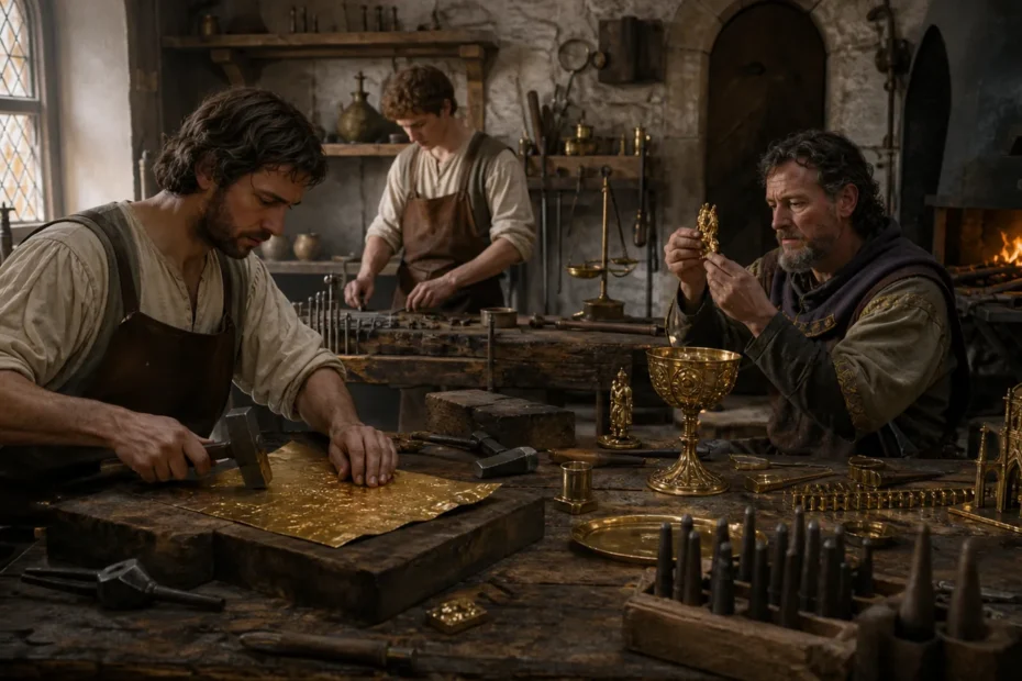 Medieval European goldsmith workshop with artisans hammering gold sheet and inspecting a chalice