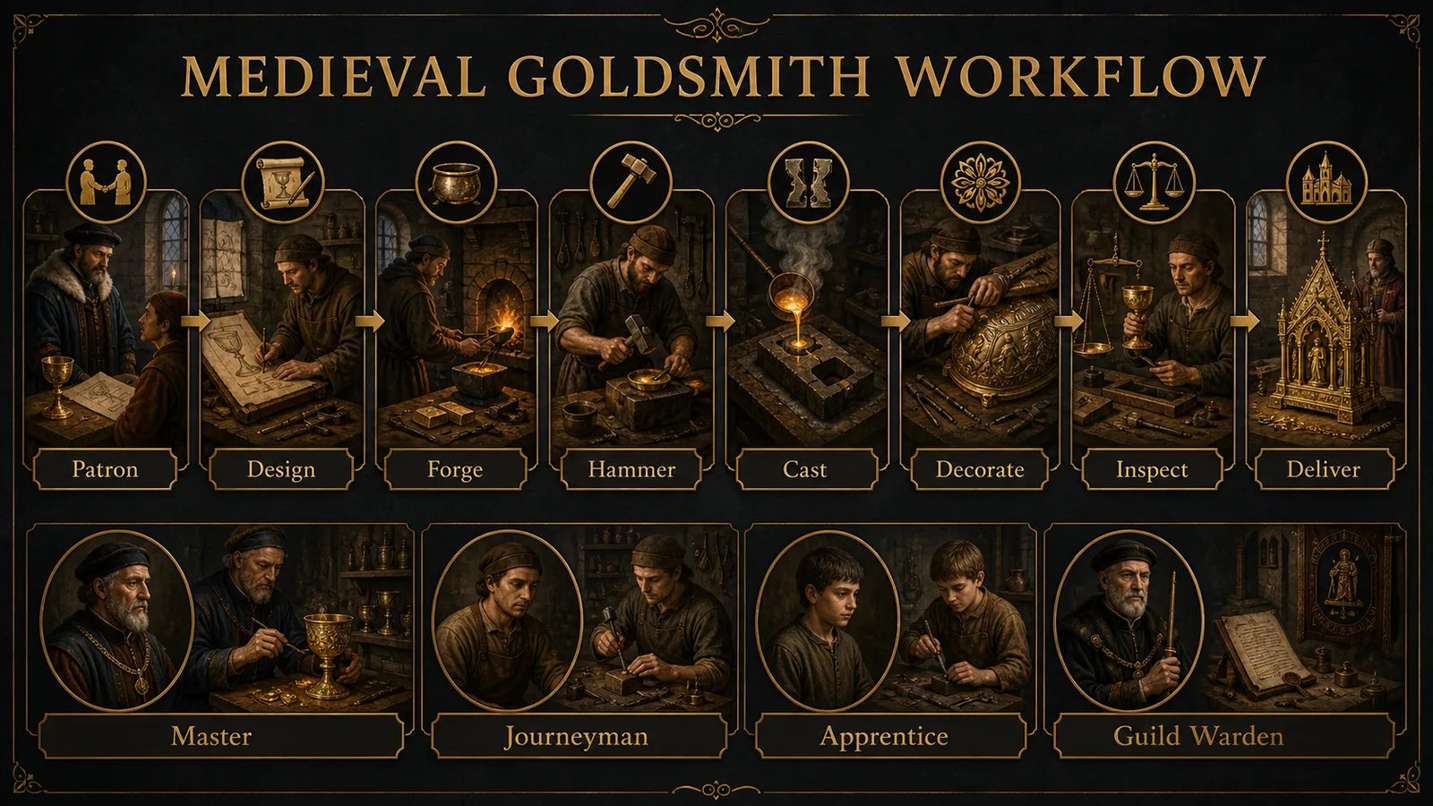 Infographic showing medieval goldsmith workshop workflow from patron commission through design forging casting decoration inspection and delivery