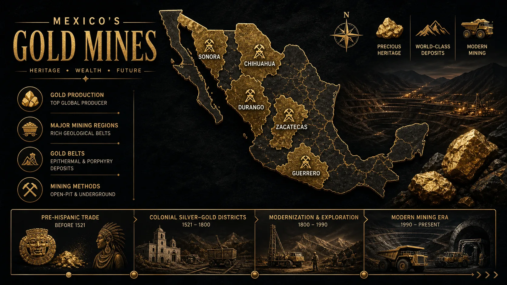 Infographic map of major Mexican gold mining regions and history