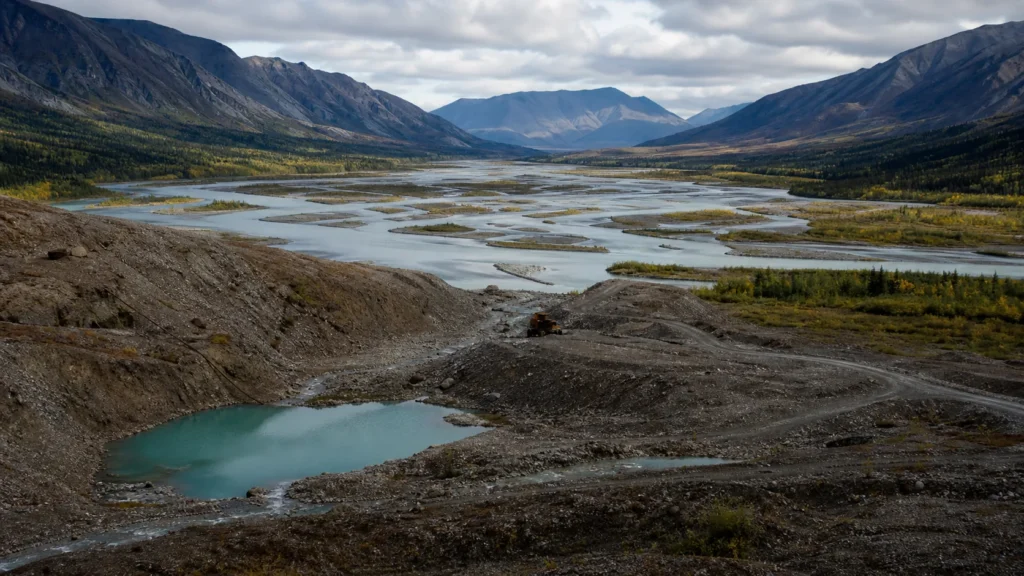 Yukon river valley with historic placer mining landscape and modern mine access road