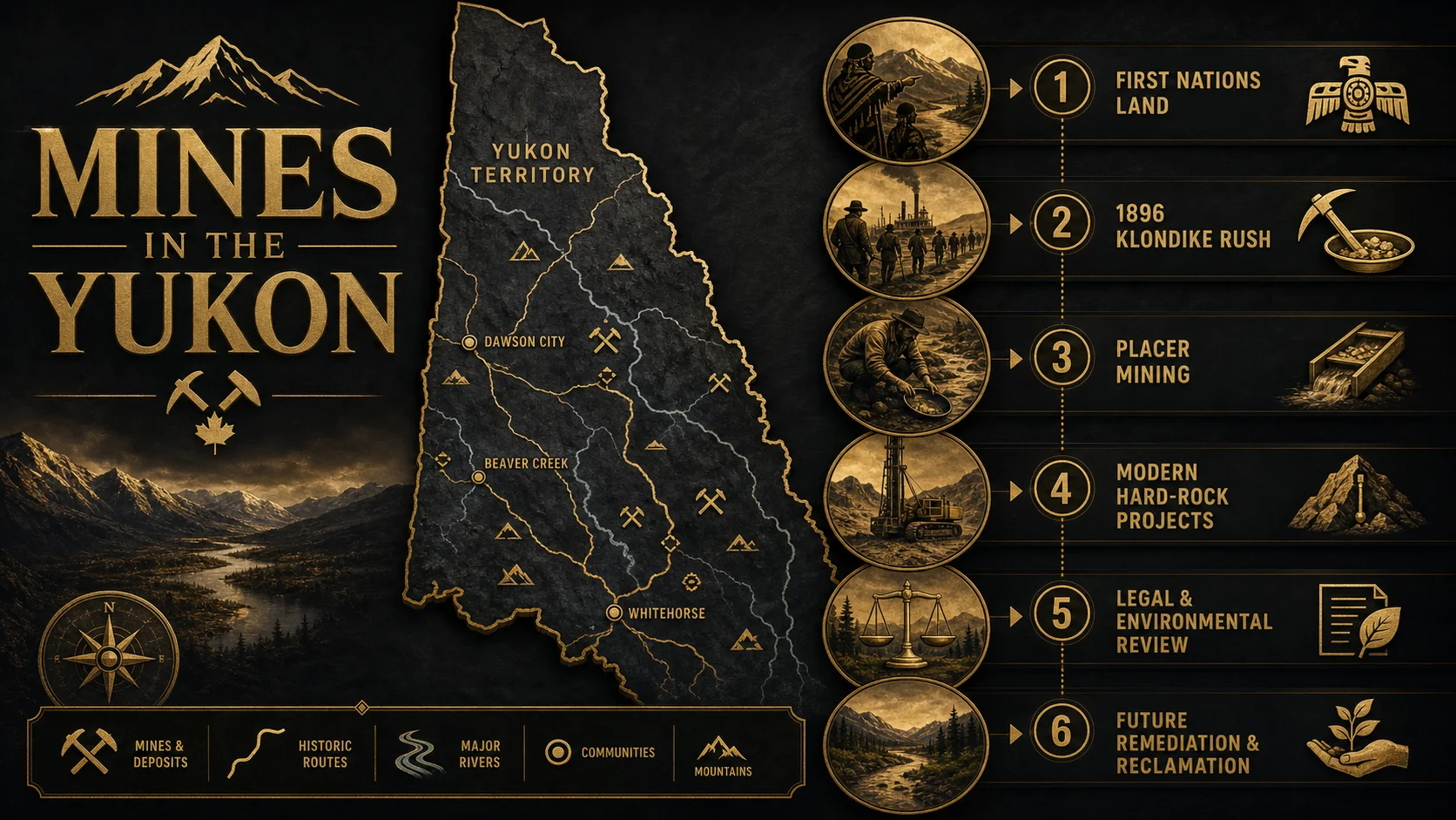Infographic summarizing Yukon mining history, regions, environmental review, and future outlook